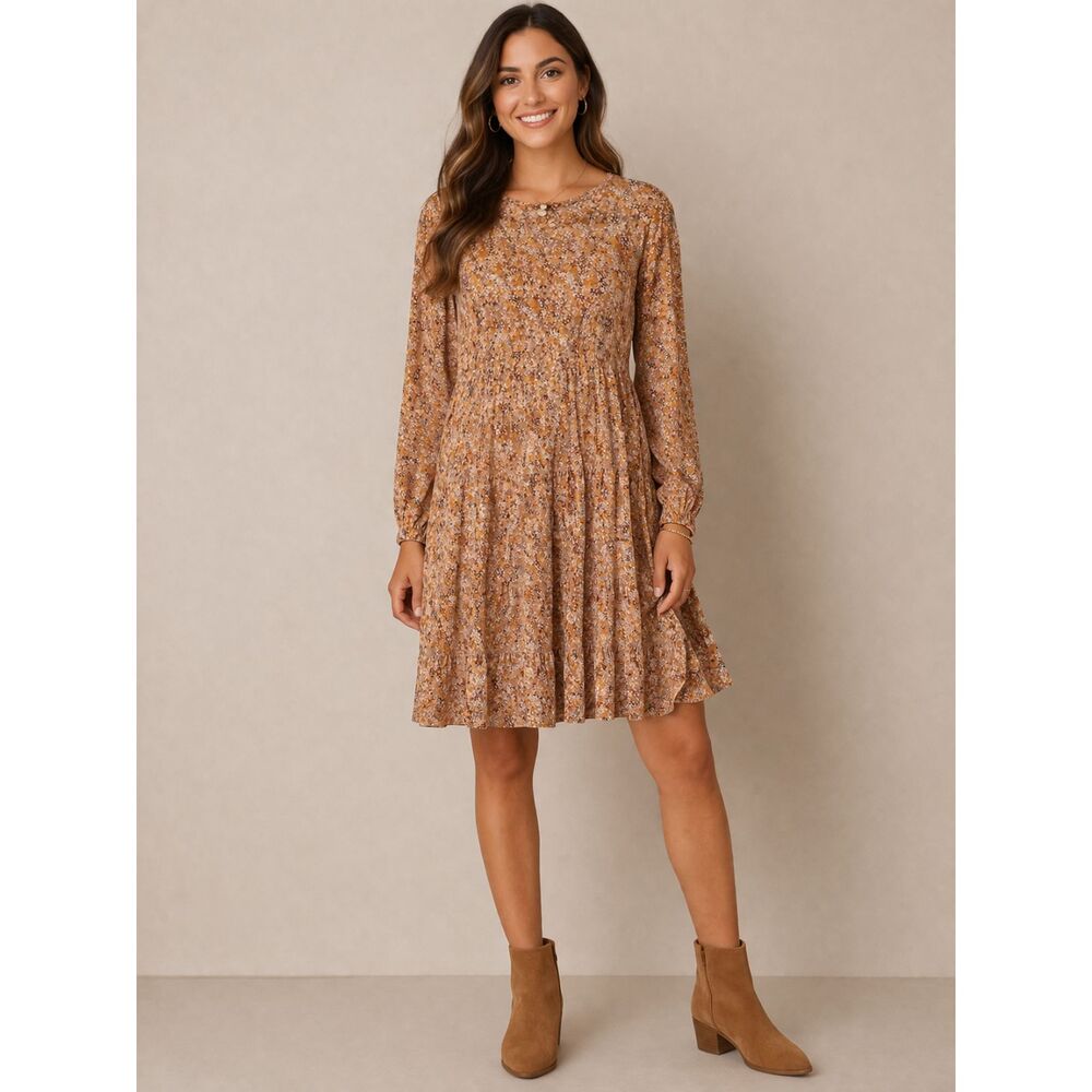 Love and Piece Collective Rusty Orange Floral Print Ruffle Dress Size Large